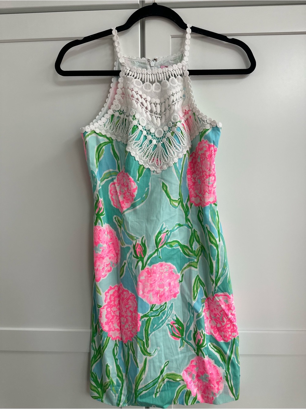 Lilly Pulitzer Aqua Floral Dress with White Crochet Yoke